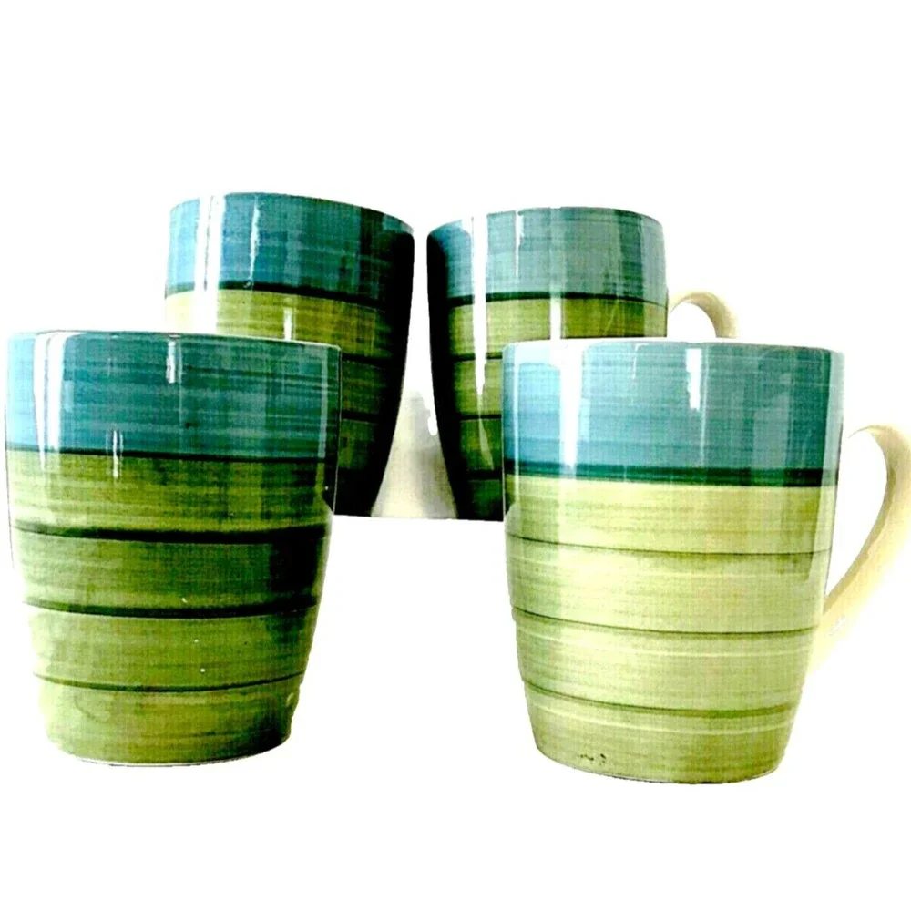 Pier 1 Stoneware Mugs Coffee Tea 4 Set RETIRED Stripe Blue Green Cabincore Beach